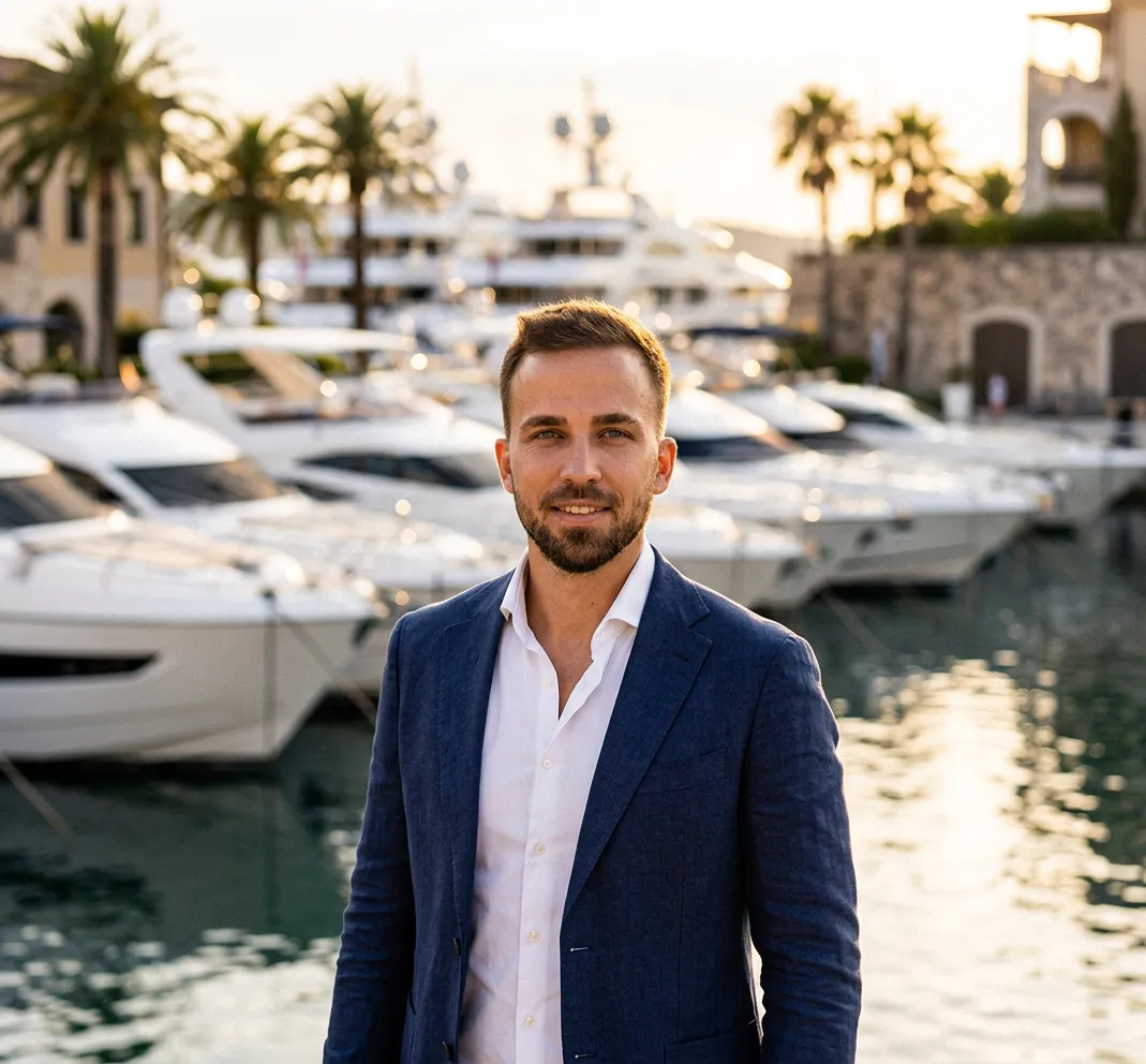 Vajvoda Marcell, a SpainProperty ingatlanos szakértője egy Costa del Sol-i jachtkikötőben
