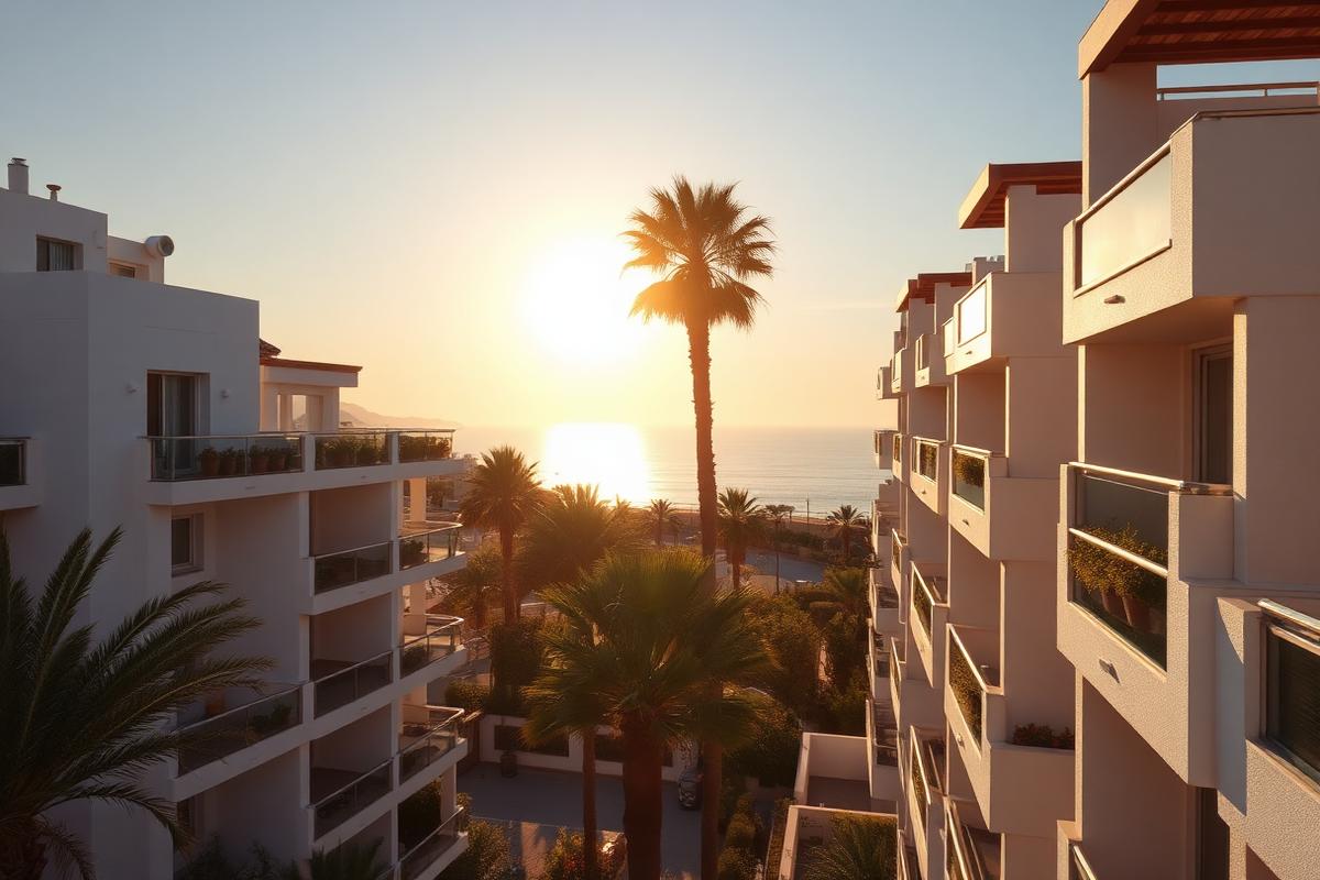 Modern tengerparti lakópark naplementében a Costa del Solon