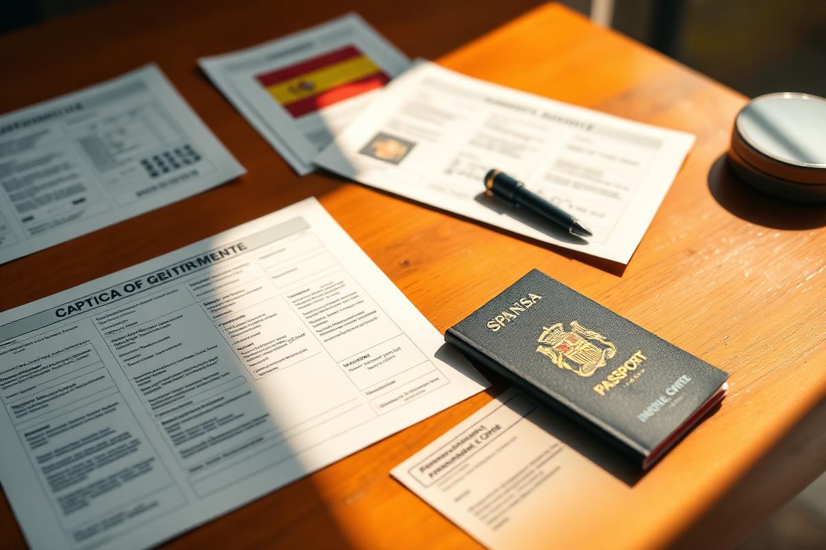 Spanyol hivatalos nyomtatványok, útlevél és toll egy íróasztalon